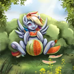 Size: 1500x1500 | Tagged: safe, artist:mdwines, derpibooru import, rainbow dash, butterfly, insect, pegasus, pony, canon, cute, dashabetes, eating, fanart, female, filly, filly rainbow dash, food, grass, image, mare, melon, png, solo, spread wings, summer, underhoof, watermelon, wings, younger