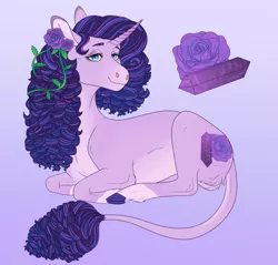 Size: 2820x2700 | Tagged: safe, artist:bluet0ast, derpibooru import, oc, pony, unicorn, colored hooves, female, flower, flower in hair, gradient background, horn, image, leonine tail, lying down, magical lesbian spawn, mare, offspring, parent:rarity, parent:twilight sparkle, parents:rarilight, png, prone, rose, smiling, unicorn oc