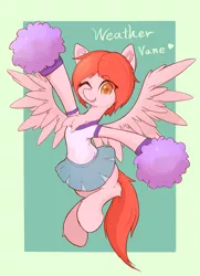 Size: 1863x2578 | Tagged: safe, artist:noupu, derpibooru import, oc, oc:weathervane, unofficial characters only, pegasus, pony, cheerleader, cheerleader outfit, chest fluff, clothes, image, pegasus oc, png, pom pom, solo, wings