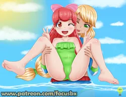 Size: 1280x990 | Tagged: suggestive, artist:focusb, banned from derpibooru, deleted from derpibooru, derpibooru import, apple bloom, applejack, human, blushing, clothes, female, females only, humanized, image, jpeg, lolicon, one-piece swimsuit, swimsuit, underage, wet