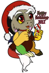 Size: 965x1435 | Tagged: safe, artist:chibi-n92, derpibooru import, discord, draconequus, 2012, candy, candy cane, christmas, floppy ears, food, hat, holiday, image, male, png, santa hat, simple background, smiling, solo, transparent background, young discord