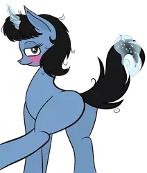 Size: 1066x1259 | Tagged: suggestive, artist:muhammad yunus, derpibooru import, oc, oc:siti shafiyyah, unofficial characters only, pony, unicorn, blank flank, blue body, blushing, butt, cute, daaaaaaaaaaaw, female, horn, image, indonesia, looking at you, magic, mare, medibang paint, ocbetes, plot, png, simple background, smiling, smiling at you, solo, telekinesis, transparent background, unicorn oc