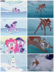 Size: 4096x5462 | Tagged: safe, derpibooru import, pinkie pie, spike, twilight sparkle, dragon, pony, unicorn, season 1, winter wrap up, bambi, comparison, disney, ice skating, image, jpeg, screaming