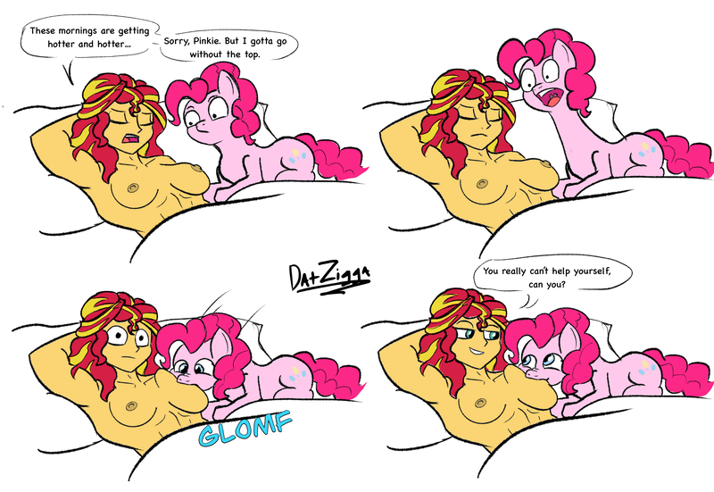 Size: 4098x2823 | Tagged: questionable, artist:datzigga, derpibooru import, pinkie pie, sunset shimmer, earth pony, pony, equestria girls, breasts, comic, dialogue, female, image, interspecies, lesbian, nipples, nudity, pinkie loves bacon bits, png, shipping, suckling, sunsetpie