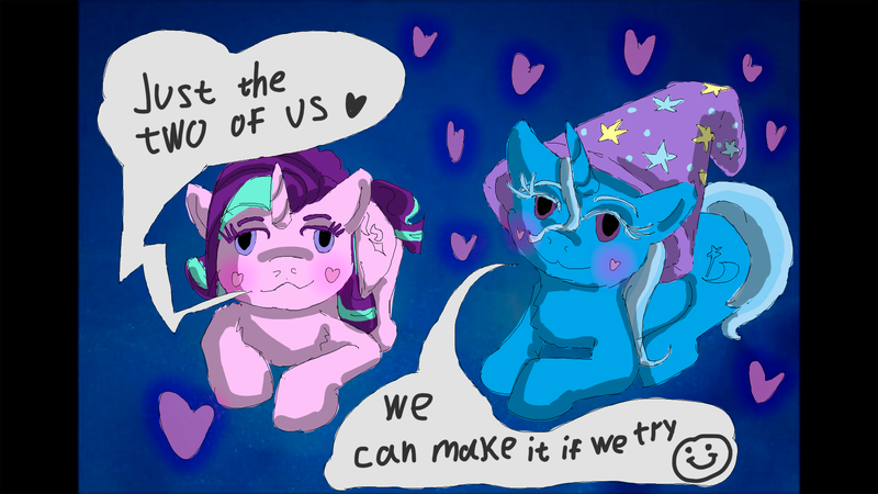Size: 1920x1080 | Tagged: safe, artist:halfaman, derpibooru import, starlight glimmer, trixie, pony, unicorn, colored, female, hat, heart, image, just the two of us, lesbian, meme, png, ponified meme, shipping, simple background, smiley face, startrix, text, wizard hat