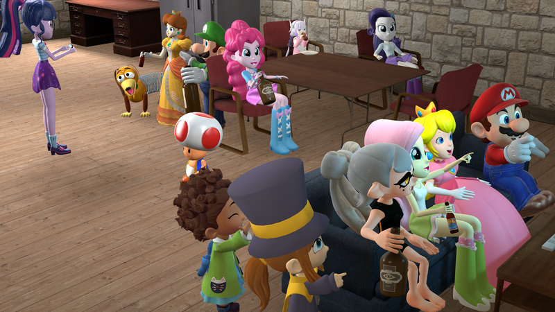 Size: 3840x2160 | Tagged: safe, artist:leansworld, derpibooru import, fluttershy, pinkie pie, rarity, sci-twi, twilight sparkle, human, equestria girls, 3d, 4k, a hat in time, alcohol, couch, crossover, eating, female, food, hat kid, high res, hot dog, image, kanna kamui, luigi, male, mario, meat, miss kobayashi's dragon maid, party, pearl (splatoon 2), png, pointing, princess daisy, princess peach, ribbon girl, sausage, slinky, splatoon 2, super mario bros., toad (mario bros), toy story