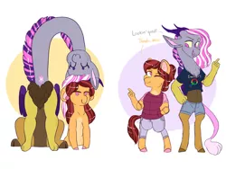 Size: 1280x960 | Tagged: safe, artist:moccabliss, derpibooru import, oc, oc:cupcake, oc:pandora, unofficial characters only, anthro, draconequus, hybrid, pony, pandoraverse, chibi, clothes, female, image, interspecies offspring, jpeg, mare, offspring, pants, parent:cheese sandwich, parent:discord, parent:pinkie pie, parent:twilight sparkle, parents:cheesepie, parents:discolight, shorts