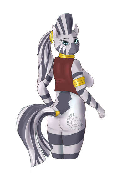 Size: 2149x3035 | Tagged: safe, alternate version, artist:firebird145, derpibooru import, zecora, anthro, zebra, clothes, colored, female, image, jpeg, looking back, neck rings, signature, solo