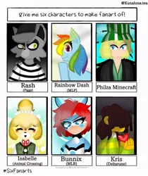 Size: 736x878 | Tagged: safe, artist:kunaluna.tea, derpibooru import, rainbow dash, anthro, dog, pegasus, pony, six fanarts, animal crossing, anthro with ponies, bust, crossover, deltarune, female, furry, image, isabelle, jpeg, mare, miraculous ladybug, roblox