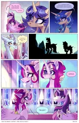 Size: 2301x3549 | Tagged: safe, artist:darlyjay, derpibooru import, princess cadance, twilight sparkle, twilight sparkle (alicorn), oc, oc:atlas, oc:sterling sentry, alicorn, dragon, pony, comic:save the harmony, image, offspring, parent:flash sentry, parent:twilight sparkle, parents:flashlight, png, sisters-in-law