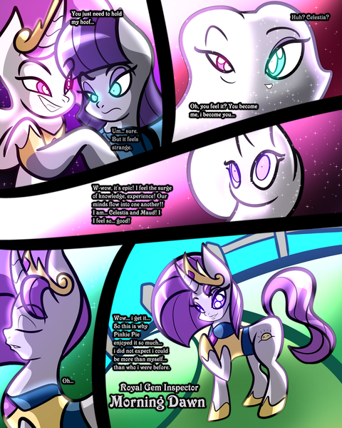 Size: 2400x3000 | Tagged: safe, artist:keytee-chan, derpibooru import, maud pie, princess celestia, oc, oc:morning dawn, alicorn, earth pony, unicorn, comic:the great big fusion 2 remake, fusion, image, png