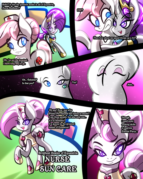 Size: 2400x3000 | Tagged: safe, artist:keytee-chan, derpibooru import, maud pie, nurse redheart, princess celestia, oc, oc:morning dawn, oc:nurse sun care, alicorn, earth pony, unicorn, comic:the great big fusion 2 remake, fusion, hair bun, image, png