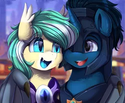 Size: 3215x2640 | Tagged: safe, artist:pridark, derpibooru import, oc, unofficial characters only, bat pony, pony, armor, bat pony oc, bat wings, blue eyes, bust, commission, duo, high res, image, one eye closed, open mouth, png, portrait, purple eyes, royal guard, wings