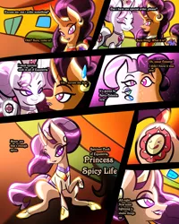 Size: 2400x3000 | Tagged: safe, artist:keytee-chan, derpibooru import, maud pie, nurse redheart, princess celestia, saffron masala, oc, oc:nurse sun care, oc:princess spicy life, alicorn, earth pony, unicorn, comic:the great big fusion 2 remake, fusion, hair bun, image, lipstick, makeup, png