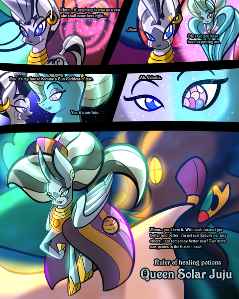 Size: 2400x3000 | Tagged: safe, artist:keytee-chan, derpibooru import, lightning dust, maud pie, nurse redheart, princess celestia, saffron masala, trixie, zecora, oc, oc:queen solar juju, oc:queen solar spectacular, alicorn, earth pony, unicorn, comic:the great big fusion 2 remake, fusion, hair bun, image, jojo reference, lipstick, makeup, png, tomboy taming