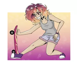 Size: 3977x3220 | Tagged: safe, artist:nightydream, derpibooru import, oc, oc:sunrise skies, human, humanized, image, png, skateboard, solo, sunglasses