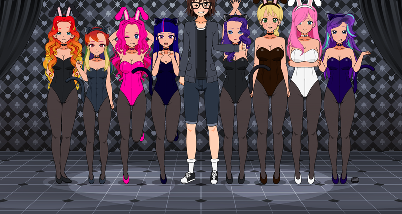 Size: 1366x727 | Tagged: suggestive, derpibooru import, applejack, fluttershy, pinkie pie, rainbow dash, rarity, starlight glimmer, sunset shimmer, twilight sparkle, oc, cat, human, alter ego, animal costume, animal ears, bunny ears, bunny girl, bunny suit, canon x oc, cat ears, catgirl, catsuit, clothes, costume, high heels, humanized, hybrid oc, image, kisekae, legs, legs raised, leotard, mane eight, mane six, playboy bunny, png, shoes