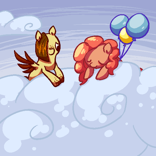 Size: 500x500 | Tagged: safe, artist:celadonlonghorn, derpibooru import, pinkie pie, oc, oc:desert eagle, pony, ask desert eagle, balloon, cloud, floating, image, png, sleeping, then watch her balloons lift her up to the sky