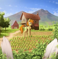 Size: 2500x2553 | Tagged: safe, artist:uliovka, derpibooru import, oc, oc:beamy, unofficial characters only, pony, apple, apple tree, farm, food, image, male, picket fence, png, scenery, similing, solo, stallion, tree