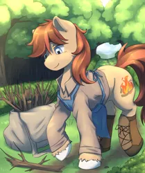 Size: 3934x4700 | Tagged: safe, artist:aquoquoo, derpibooru import, oc, oc:cottonwood kindle, unofficial characters only, earth pony, pony, absurd resolution, apron, boots, clothes, forest, image, male, png, scenery, shirt, shoes, solo, stallion, tree