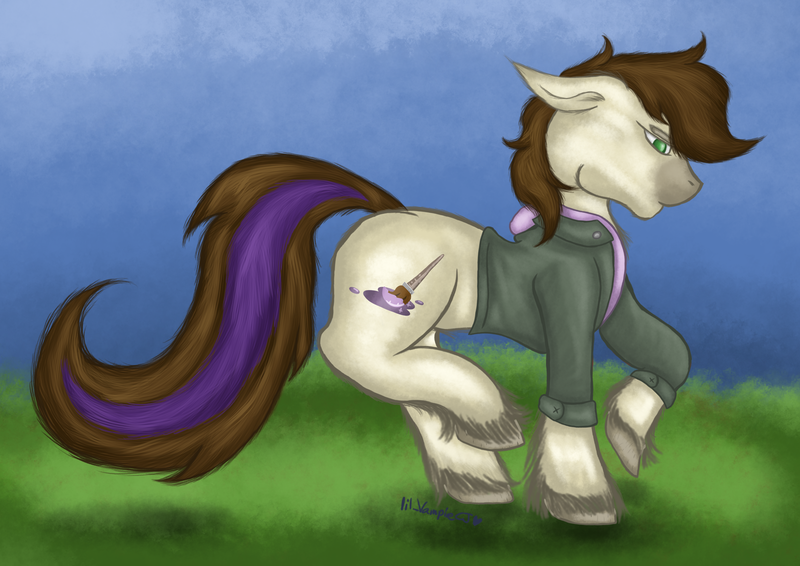 Size: 3508x2480 | Tagged: safe, artist:lil_vampirecj, derpibooru import, oc, oc:cjvampire, earth pony, pony, art, bomber jacket, brown mane, brown tail, clothes, cutie mark, dressage, feather, grass, grass field, green eyes, hoodie, image, jacket, krita, paintbrush, photo, png, scenery, solo, tail highlight, trotting