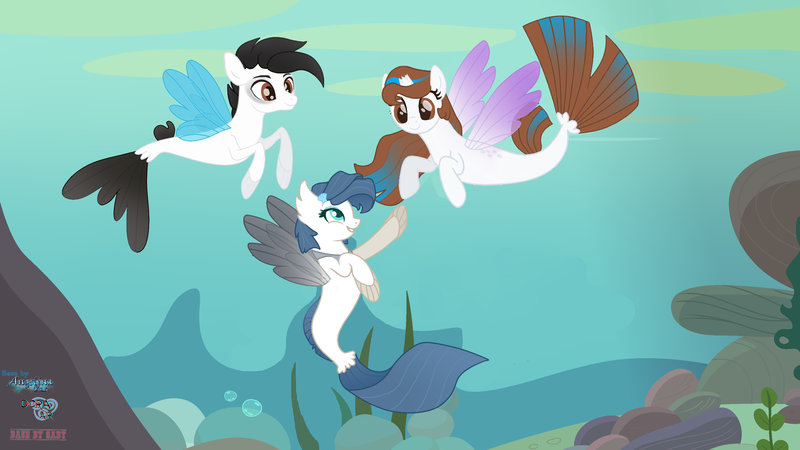 Size: 3200x1800 | Tagged: safe, artist:starwolff-nyota, derpibooru import, oc, unofficial characters only, alicorn, pegasus, pony, seapony (g4), blue eyes, brown eyes, bubble, crepuscular rays, dorsal fin, female, fin wings, fins, fish tail, flowing mane, flowing tail, horn, image, jewelry, looking at each other, male, necklace, ocean, png, rock, seaponified, seaweed, smiling, species swap, spread wings, sunlight, tail, underwater, water, wings