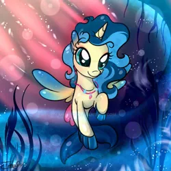 Size: 400x400 | Tagged: safe, artist:mirry92, derpibooru import, oc, alicorn, pony, seapony (g4), blue mane, bubble, crepuscular rays, dorsal fin, female, fin wings, fins, fish tail, flowing mane, flowing tail, green eyes, horn, image, jewelry, jpeg, necklace, ocean, seaponified, seaweed, signature, smiling, solo, species swap, swimming, tail, underwater, water, wings