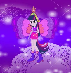 Size: 781x804 | Tagged: safe, artist:magical-mama, artist:selenaede, artist:user15432, derpibooru import, twilight sparkle, twilight sparkle (alicorn), alicorn, fairy, human, equestria girls, base used, big crown thingy, boots, clothes, crossover, crown, cutie mark, cutie mark on clothes, dress, element of magic, fairy wings, fairyized, gloves, high heel boots, high heels, image, jewelry, looking at you, magic winx, png, ponied up, purple background, purple dress, purple shoes, purple wings, regalia, shoes, simple background, sparkly background, wings, winx, winx club, winxified