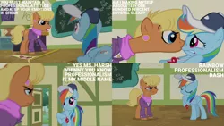 Size: 1280x720 | Tagged: safe, derpibooru import, edit, edited screencap, editor:quoterific, screencap, ms. harshwhinny, rainbow dash, earth pony, pegasus, pony, flight to the finish, season 4, boop, chalkboard, eyes closed, female, hair over one eye, image, mare, nose to nose, noseboop, open mouth, png, ponyville schoolhouse, rainbow professionalism dash, whistle, whistle necklace