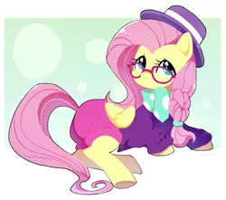 Size: 1754x1549 | Tagged: safe, artist:nendo, derpibooru import, fluttershy, pegasus, pony, fake it 'til you make it, alternate hairstyle, braid, clothes, cute, diaper, female, glasses, hat, hipstershy, image, lying down, mare, png, prone, scarf, shyabetes, solo