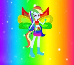 Size: 823x728 | Tagged: safe, artist:magical-mama, artist:selenaede, artist:user15432, derpibooru import, rainbow dash, fairy, human, equestria girls, barely eqg related, base used, belt, boots, clothes, colored wings, crossover, cutie mark, cutie mark on clothes, element of loyalty, fairy wings, fairyized, gloves, gradient background, high heel boots, high heels, image, looking at you, magic winx, multicolored wings, png, ponied up, rainbow background, rainbow wings, shoes, sparkly background, wings, winx, winx club, winxified