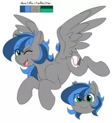 Size: 1877x2048 | Tagged: safe, artist:littlebibbo, derpibooru import, oc, oc:bibbo, unofficial characters only, pegasus, pony, c:, eye clipping through hair, female, flying, freckles, image, jpeg, looking at you, mare, one eye closed, open mouth, pegasus oc, reference sheet, simple background, smiling, solo, spread wings, white background, wings, wink