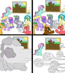 Size: 2104x2372 | Tagged: safe, artist:amateur-draw, derpibooru import, big macintosh, oc, oc:belle boue, earth pony, pony, unicorn, annoyed, art gallery, comic, crying, depressed, female, image, male, mare, mud, mud bath, mud play, muddy, not amused face, op is a duck, op is trying to start shit, painting, png, random pony, sad, sick, simple background, stallion, text, unamused, vent art, wet and messy, white background
