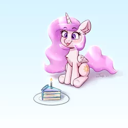 Size: 2232x2232 | Tagged: safe, artist:dandy, derpibooru import, princess celestia, alicorn, pony, birthday, cake, candle, cute, female, filly, filly celestia, food, horn, image, pink mane, png, simple background, sitting, solo, tongue out, wingding eyes, wings, younger