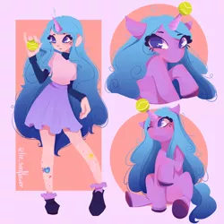Size: 3000x3000 | Tagged: safe, artist:lie_sunflower, derpibooru import, izzy moonbow, human, pony, unicorn, abstract background, ball, clothes, cute, female, g5, high res, horn, horn guard, horn impalement, hornball, humanized, image, izzy's tennis ball, izzybetes, jpeg, looking at you, mare, one eye closed, raised hoof, shirt, sitting, skirt, solo, tattoo, tennis ball, unshorn fetlocks