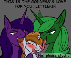 Size: 1941x1578 | Tagged: suggestive, artist:glefan, derpibooru import, oc, oc:littlepip, alicorn, pony, unicorn, fallout equestria, artificial alicorn, blushing, evil grin, face licking, female, green alicorn (fo:e), grin, horn, image, licking, mare, png, purple alicorn (fo:e), smiling, teasing, this will end in vore, tongue out