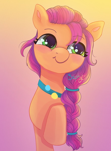 Size: 3300x4500 | Tagged: safe, artist:saphira_pone, artist:saphypone, derpibooru import, sunny starscout, earth pony, pony, absurd resolution, badge, blushing, braid, cute, female, g5, gradient background, image, mare, png, raised hoof, smiling, solo, sunnybetes