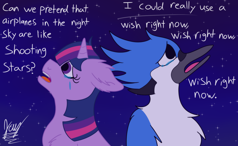 Size: 1600x977 | Tagged: safe, artist:jay_wackal, derpibooru import, twilight sparkle, pony, unicorn, aeroplanes and meteor showers, airplanes (song), b.o.b., crack shipping, crossover, crossover shipping, crying, female, image, lyrics, male, meme, mordecai, mordetwi, night, png, redraw mordetwi meme, regular show, sad, shipping, shooting stars, stars, straight, text, unicorn twilight