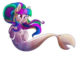 Size: 2828x2121 | Tagged: safe, artist:elskafox, derpibooru import, oc, unofficial characters only, merpony, seapony (g4), female, fish tail, flowing mane, flowing tail, green eyes, image, multicolored hair, png, simple background, smiling, solo, tail, transparent background