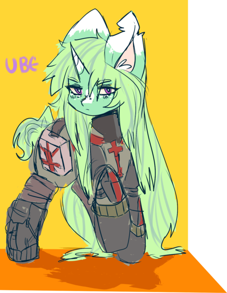 Size: 1146x1479 | Tagged: safe, artist:ube, artist:ubebreb, derpibooru import, oc, oc:pickle packle, unicorn, fallout equestria, ashes town, fallout equestria oc, glare, green pony, image, medic, medical pony, png, red eyes, ripped ears