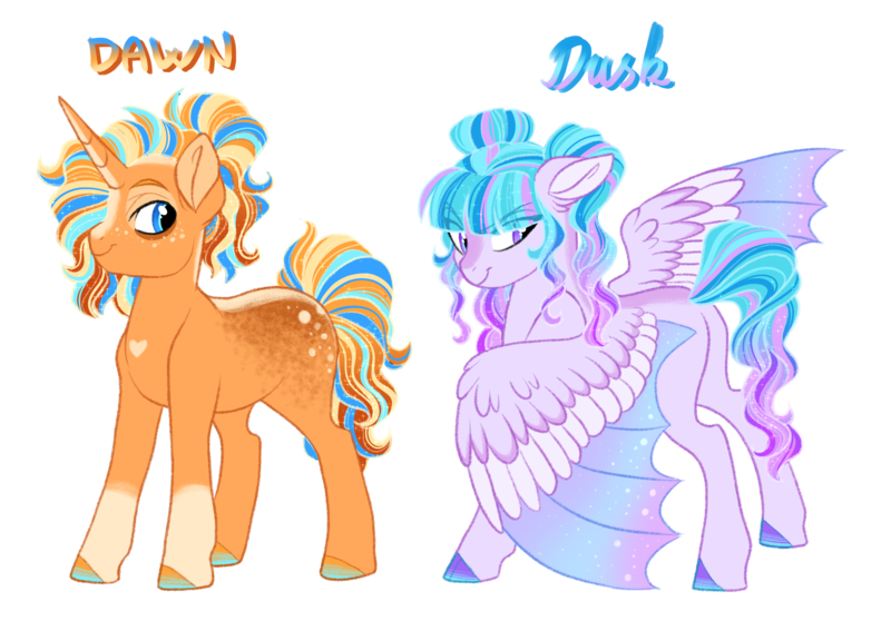 Size: 4800x3400 | Tagged: safe, artist:gigason, derpibooru import, oc, oc:dawn, oc:dusk, unofficial characters only, bat pony, pony, unicorn, duo, ethereal wings, half-siblings, hybrid wings, image, magical lesbian spawn, offspring, parent:princess luna, parent:starlight glimmer, parent:sunburst, parents:lunaburst, parents:starluna, png, simple background, transparent background, wings