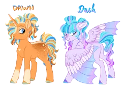 Size: 4800x3400 | Tagged: safe, artist:gigason, derpibooru import, oc, oc:dawn, oc:dusk, unofficial characters only, bat pony, pony, unicorn, duo, ethereal wings, half-siblings, hybrid wings, image, magical lesbian spawn, offspring, parent:princess luna, parent:starlight glimmer, parent:sunburst, parents:lunaburst, parents:starluna, png, simple background, transparent background, wings