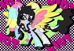 Size: 939x654 | Tagged: safe, artist:serra20, derpibooru import, oc, oc:shockwave, oc:x, pegasus, pony, colourful, image, patterned background, pegasus oc, png, riot, smiling, wings