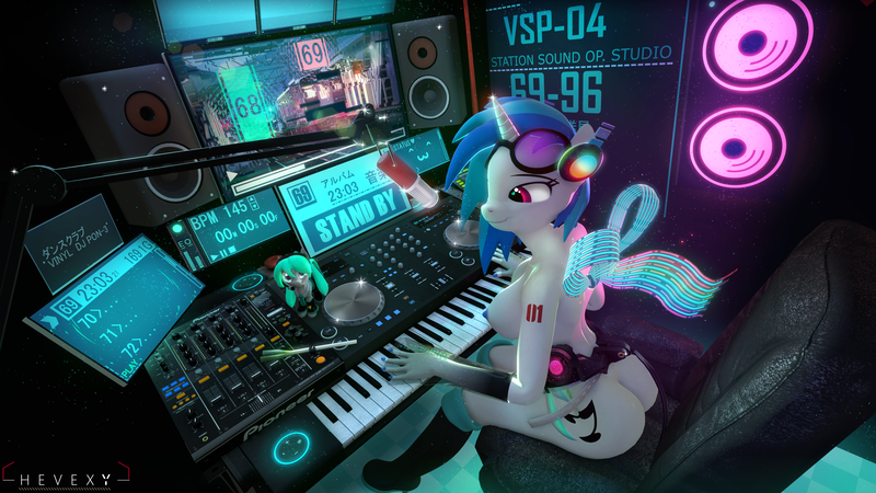 Size: 3840x2160 | Tagged: questionable, artist:hevexy, derpibooru import, vinyl scratch, anthro, plantigrade anthro, pony, unicorn, 3d, 4k, accessories, areola, back, belt, boots, bow, breasts, busty vinyl scratch, butt, chair, clothes, computer, curvy, cute, food, glasses, gloves, happy, hatsune miku, headphones, high res, horn, image, indoors, keyboard, looking at each other, microphone, monitor, music, musical instrument, night, nipples, nudity, partial nudity, piano, playing, png, rear view, room, sexy, shoes, sitting, smiling, smirk, solo, source filmmaker, speakers, studio, tail, tattoo, vegetables, vocaloid