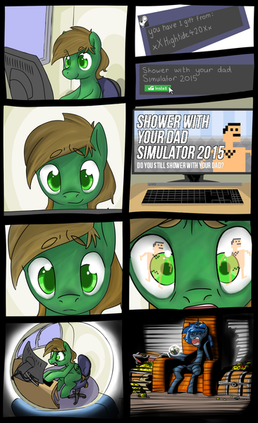 Size: 1172x1920 | Tagged: questionable, artist:compound lift, artist:compoundlift, derpibooru import, oc, oc:greenlight, oc:high tide, unofficial characters only, pegasus, pony, unicorn, computer, crystal ball, horn, horsin' around, image, male, open mouth, png, sitting, stallion, steam (software), wings