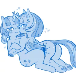 Size: 1200x1200 | Tagged: suggestive, artist:cold-blooded-twilight, derpibooru import, twilight sparkle, twilight sparkle (alicorn), twilight velvet, alicorn, cold blooded twilight, bedroom eyes, blushing, cuddling, dock, female, heart, horn, horns are touching, image, jpeg, looking at you, monochrome, mother and child, mother and daughter, raised tail, simple background, sketch, tail, underhoof