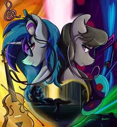 Size: 5995x6482 | Tagged: safe, artist:mixdaponies, derpibooru import, octavia melody, vinyl scratch, earth pony, unicorn, bow (instrument), cello, cello bow, earbuds, headphones, image, jpeg, musical instrument, vinyl