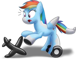 Size: 1972x1531 | Tagged: safe, artist:bladedragoon7575, derpibooru import, rainbow dash, inflatable pony, pegasus, pony, pooltoy pony, commission, emanata, female, image, inanimate tf, inflatable, mare, open mouth, plane, png, pool toy, rearing, rubber, simple background, solo, surprised, transformation, transformation sequence, transparent background, wheel, wide eyes