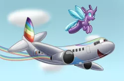 Size: 2286x1499 | Tagged: safe, artist:bladedragoon7575, derpibooru import, rainbow dash, oc, oc:cara, changedling, changeling, inflatable pony, original species, pooltoy pony, air nozzle, changedling oc, changeling oc, cloud, commission, duo, flying, happy, image, inanimate tf, inflatable, open mouth, open smile, plane, planeified, png, rainbow trail, rubber, sky, smiling, species swap, transformation, transformation sequence, transformed