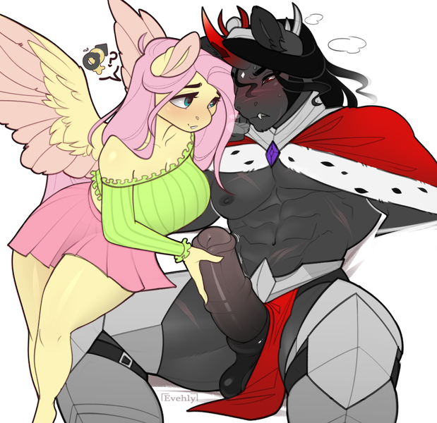 Size: 1000x970 | Tagged: explicit, artist:evehly, derpibooru import, fluttershy, king sombra, anthro, pegasus, unicorn, abs, balls, bare shoulders, belly button, big balls, big breasts, blushing, breasts, busty fluttershy, cape, chin fluff, cleavage, clothes, colored wings, cracked horn, crown, dark genitals, eyelashes, fangs, female, flared, flutterthighs, fuk, greaves, hamstrings, handjob, horn, horsecock, image, imminent sex, jewelry, king sombara, legs, loincloth, loincloth aside, male, male nipples, medial ring, midriff, miniskirt, muscles, nipples, nudity, pecs, penis, pictogram, png, propositioning, quadriceps, regalia, rubbing, scar, seduction, shipping, shoulderless, skirt, snaggletooth, sombrashy, spread wings, steam, straight, sweater, sweater puppies, sweatershy, twitching penis, two toned wings, vulgar, wings